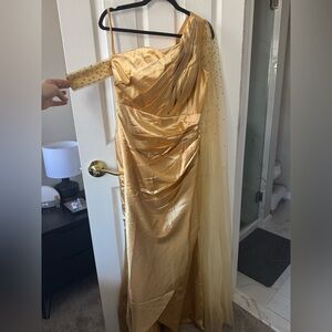 Gold One-Shoulder Draped Evening Gown with Sheer Embellished Cape